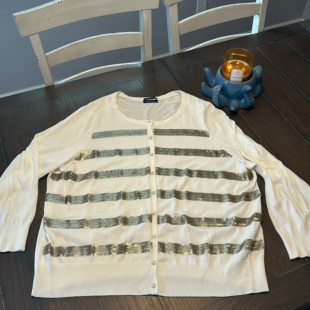 Lands End Cardigan.  3X.  Cream with golden sequin stripes.
